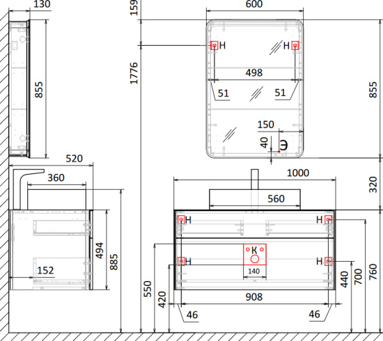 Тумба с раковиной Raval Pure 100 подвесная