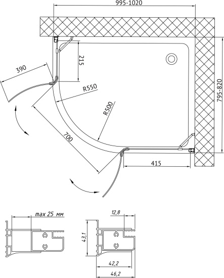 Душевой уголок Vegas Glass AFS-F 100*80 01 01 R профиль белый, стекло прозрачное